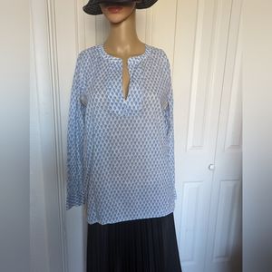 J. CREW BLUE FLORAL & GOLD STRIPE POPOVER TUNIC TOP SIZE 2